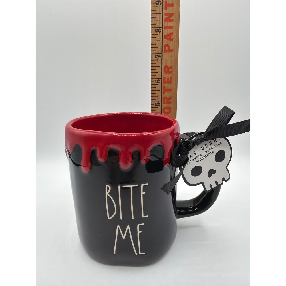 Rae Dunn BITE ME Halloween Mug Black Red Blood Drip Ceramic Skull Tag